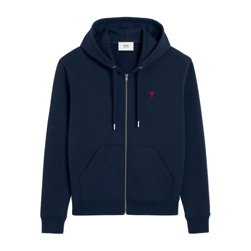 AMI Paris  Navy Blue Zip-Up Hoodie With Drawstring And Embroi Blue