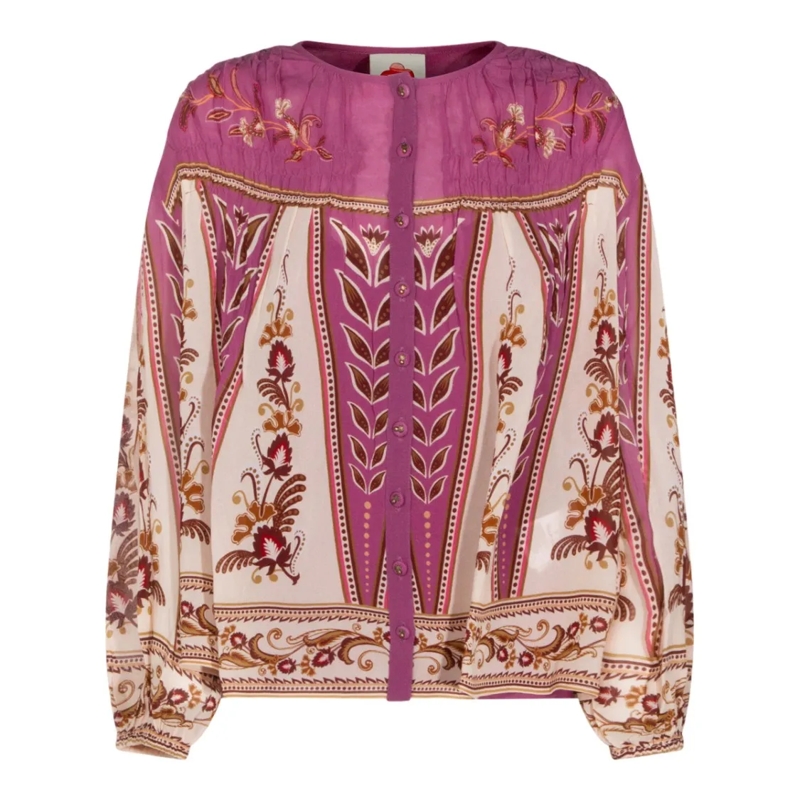 Farm Rio Chemisier Relaxed-Fit Top With Classic Neckline And Short Sl Pink