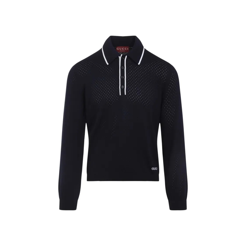 Gucci Polohemd Fine Knit Long-Sleeve Polo Shirt Blue