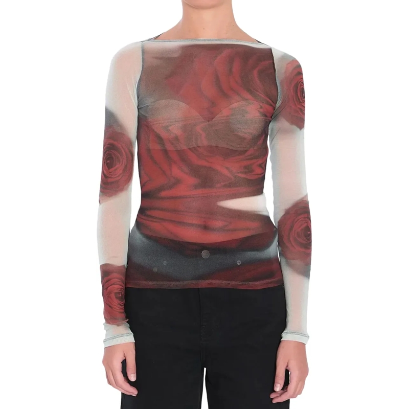 Jean Paul Gaultier T-Shirt Mesh Boat Neck Top With Long Sleeves Printed "blur weiß