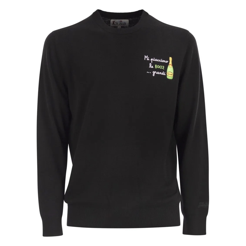 Mc2 Saint Barth Trui Classic Crew Neck Jumper With Embroidered Detailin Black