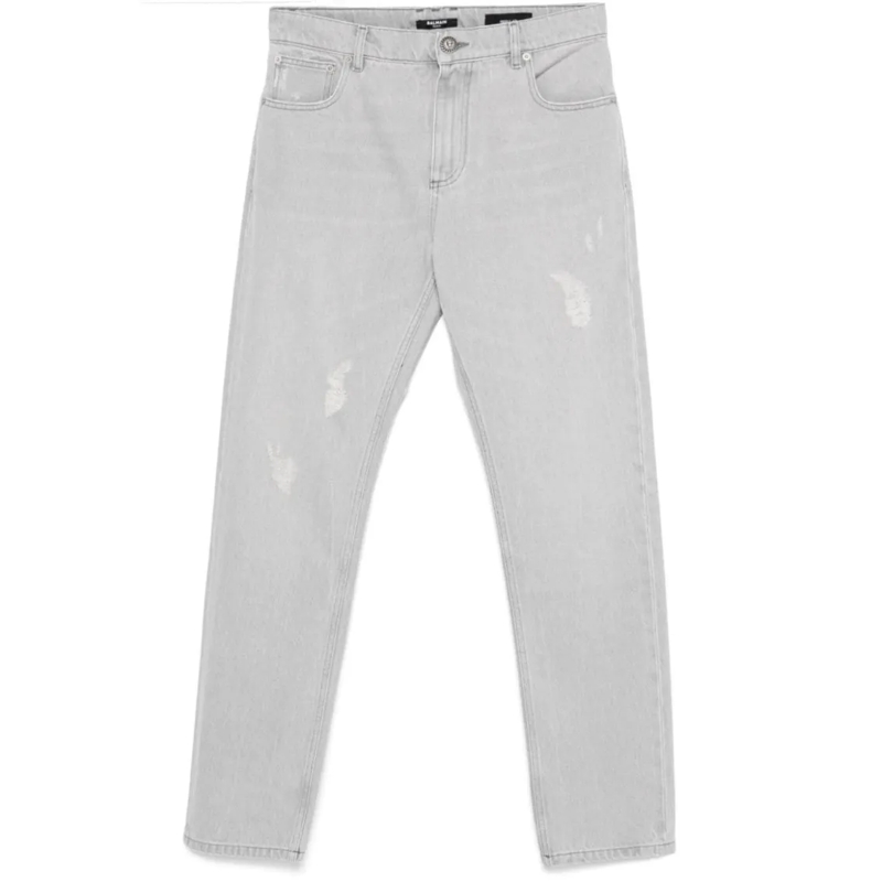 Balmain Jeans Light Grey Distressed Denim Trousers White