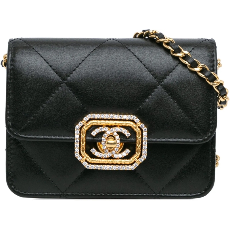 Chanel Schultertasche Quilted Calfskin Strass Card Holder On Chain schwarz