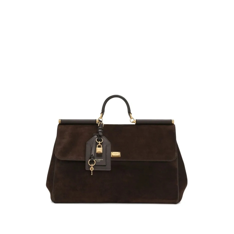 Dolce&Gabbana Fourre-tout Structured Brown Suede Handbag With Gold-Tone Lock Black
