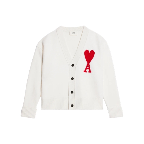 AMI Paris Cardigan mit Logo 154 OFF WHITE/RED Strickjacke