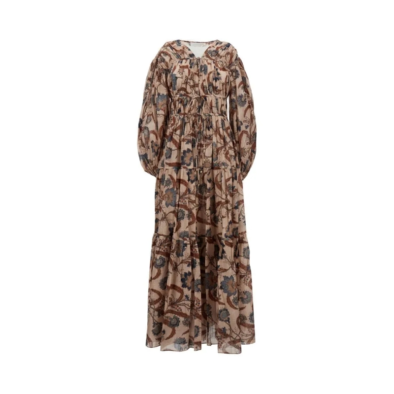 Zimmermann  Maxi Dress With Puff Sleeves And V-Neck Design Brown