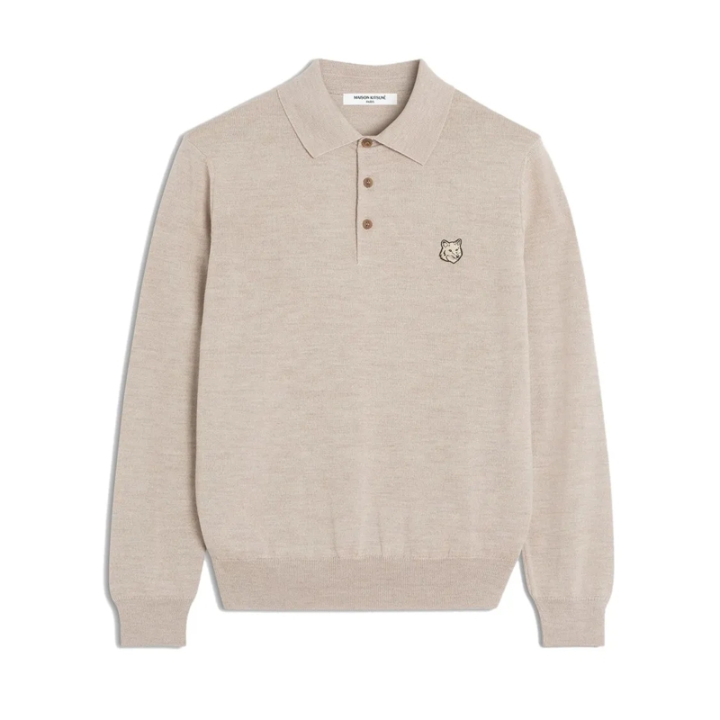 Maison Kitsune  Polo-Collar Wool Sweatshirt With Embroidered Logo Neutrals
