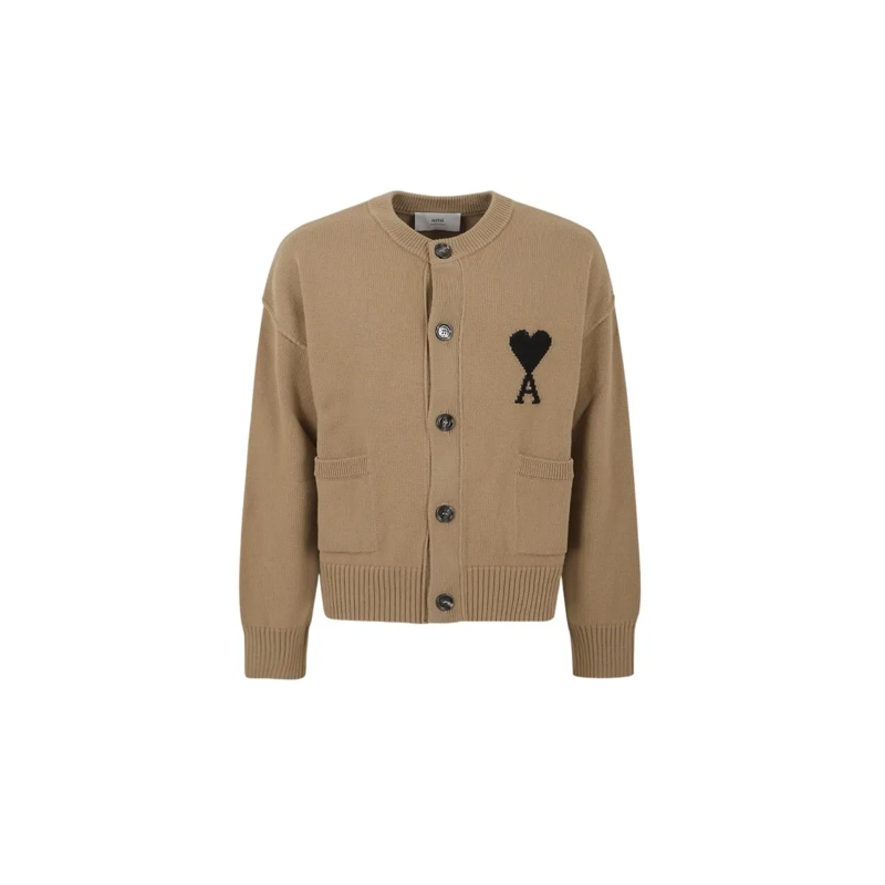 AMI Paris Vest Brown Wool Cardigan With Embroidered Heart Detail Neutrals