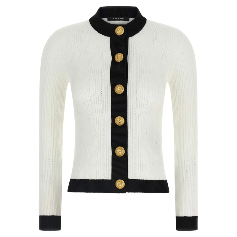 Balmain Strickjacke Two-Tone Crocheted Cardigan White