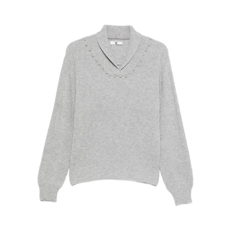 Twin-Set Pull Ribbed Knit Sweater With Shawl Collar Grey