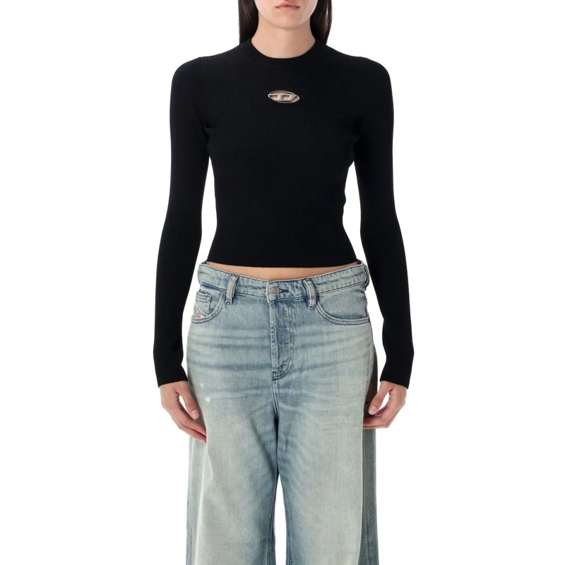 Diesel Langärmeliges Oberteil Ribbed Black Slim Fit Top With Crew Neck Black