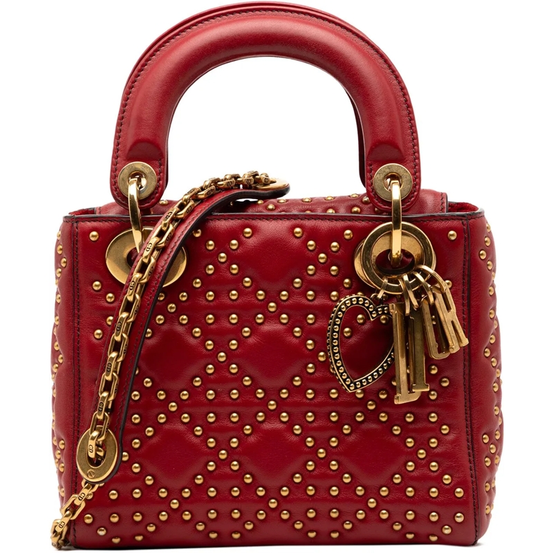 Christian Dior Schultertasche Mini Lambskin Cannage Studded Supple Lady Dior rot