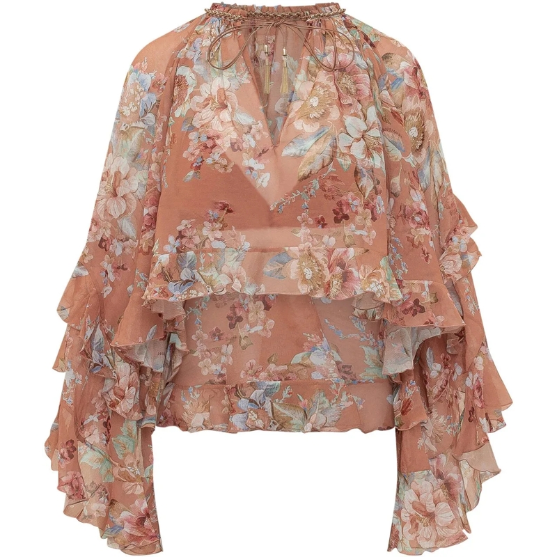 Zimmermann Bluse Blusa in Chiffon Floreale con Balze rose