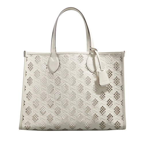 Gucci Laser Cut Gg Leather Tote Bag Mystic White Rymlig shoppingväska