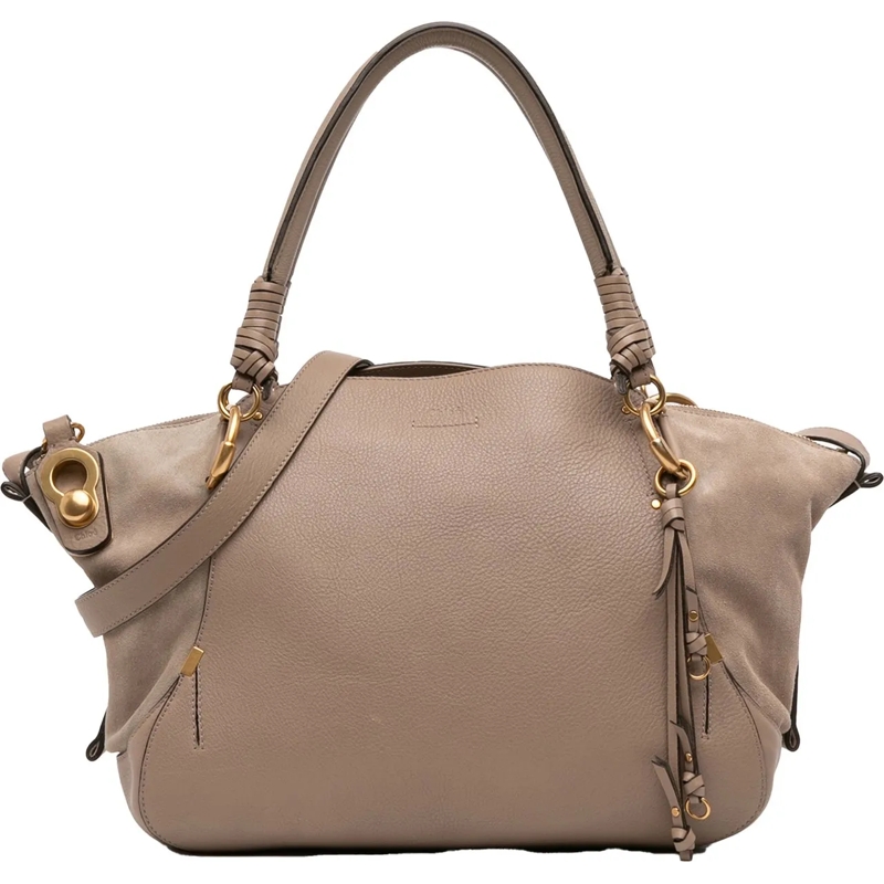 Chloé Schultertasche Medium Calfskin and Suede Owen Satchel grau