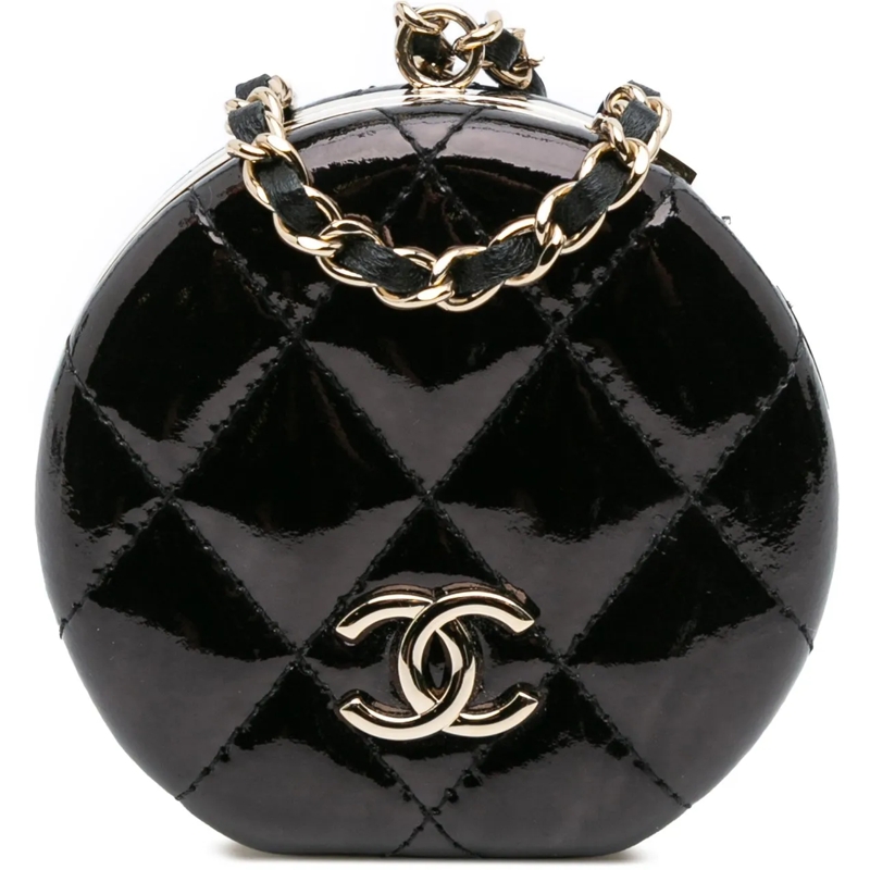 Chanel Collier moyen Quilted Patent Round Mirror Chain Necklace schwarz