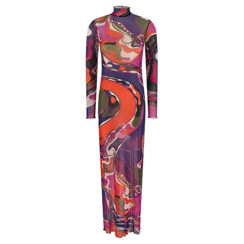 Emilio Pucci  Printed Transparent Tulle Dress With High Neck Multicolor