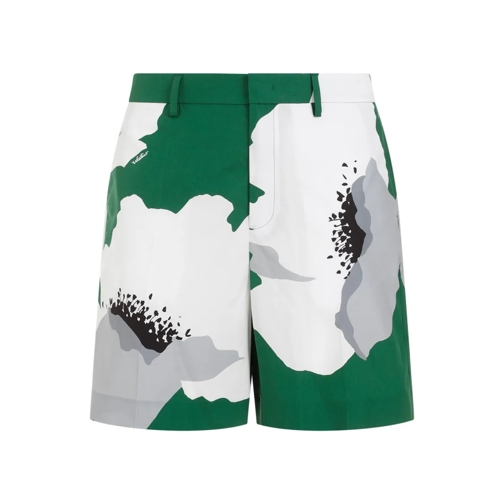 Valentino Green And Gray Flowered Cotton Shorts Green Legere Shorts