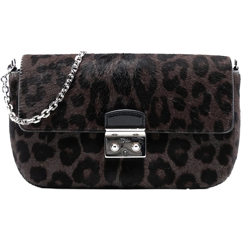 Christian Dior Schultertasche Leopard Print Pony Hair Miss Dior Chain Flap braun