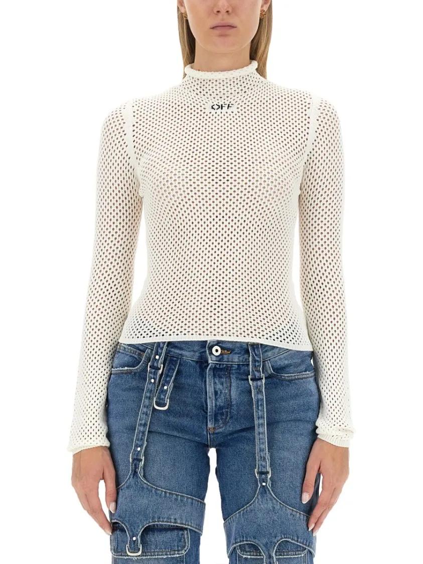 Thumbnail - Off-White - Mesh Design Slim-Fit Top With High Neckline - Größe 42 - weiß