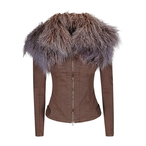 Knwls Shearling Jacke Cotton Zip Jacket With Fur Collar Brown