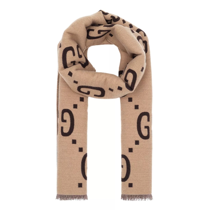 NEW GUCCI GG JACQUARD CAMEL MONOGRAM SILK WOOL SHAWL SCARF ‎663671