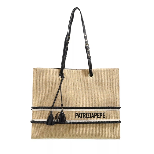 Patrizia Pepe Maxilogo Shopping Tote Straw Natural Black Shopping Bag