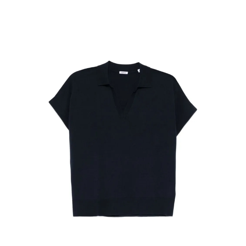 Aspesi Chemisier Short-Sleeved Blue Cotton Top With Deep V-Neck And Black