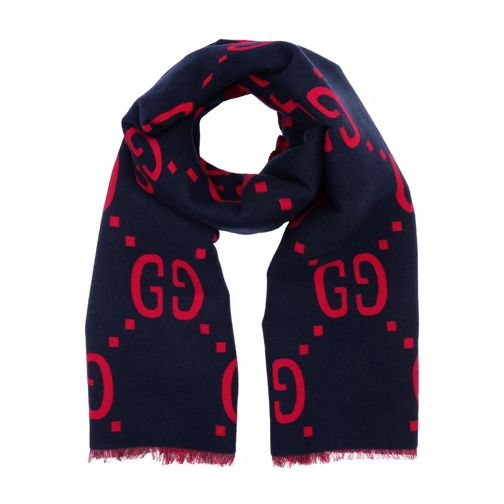 Gucci GG Jacquard Wool Silk Scarf Red/Blue Wollschal