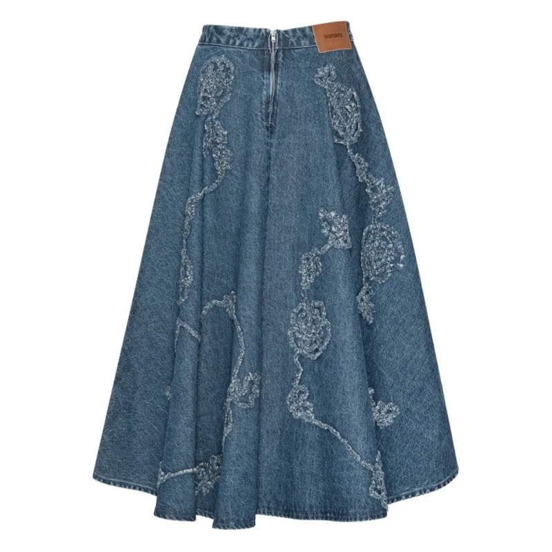 Rotate Maxirock Flared Blue Midi Skirt With Intricate Floral Embro Blue(Image 9)