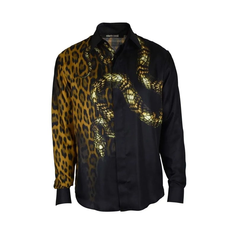 Roberto Cavalli Overhemd Leopard Print And Snakeskin Black Silk Shirt Black