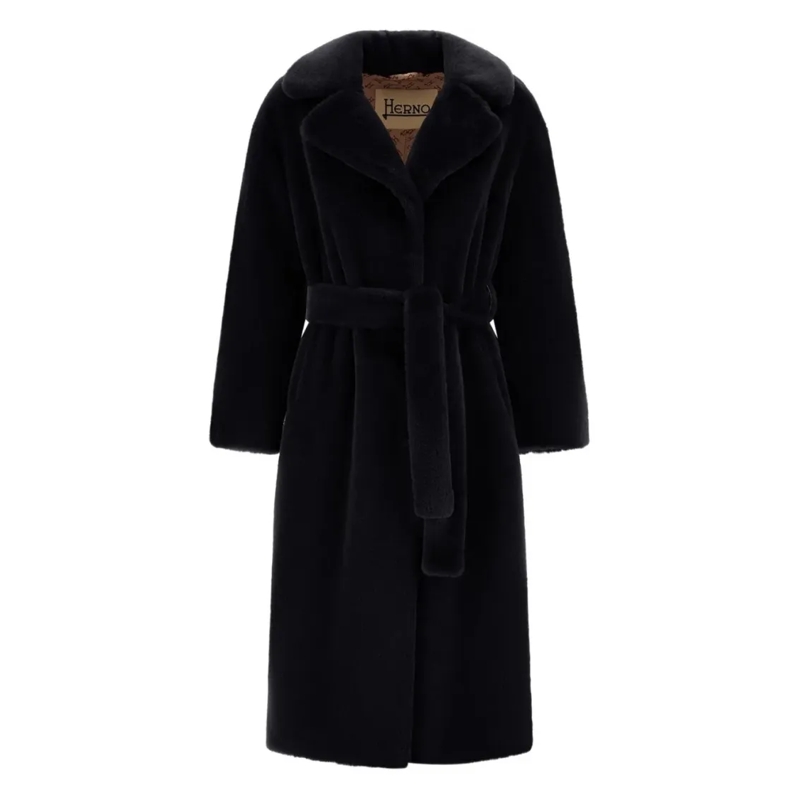 Herno Bontjassen Mid-Length Belted Coat With Plush Texture Black