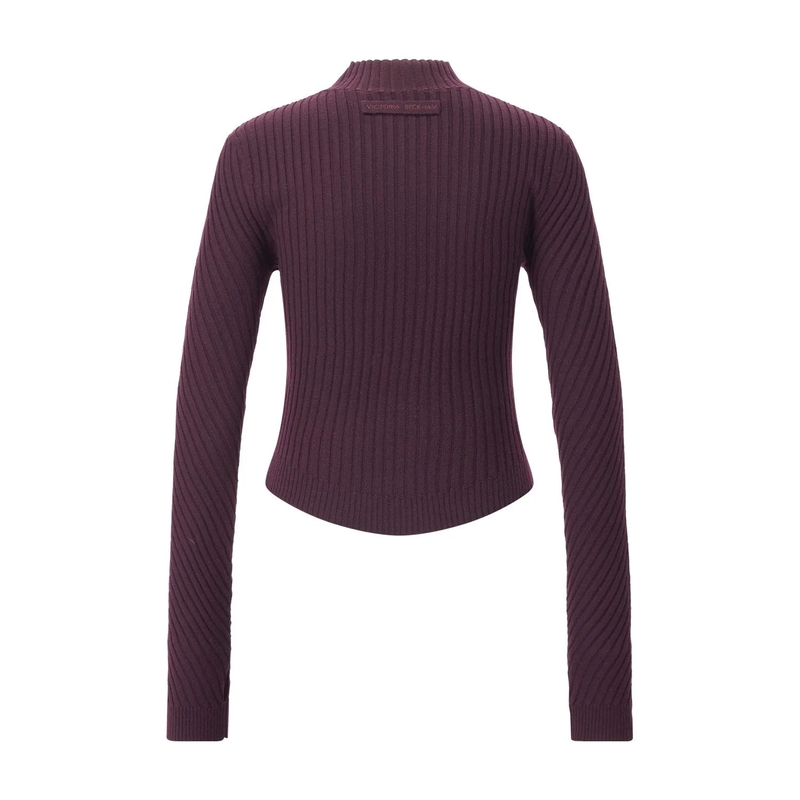Victoria Beckham Poloshirt Rippstrick Langarmshirt mit Stehkragen Dunkellila(Image 2)