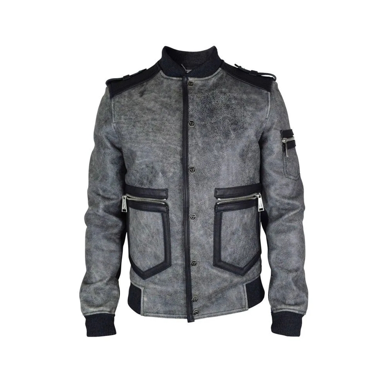 Philipp Plein Leren jas Aged Gray Leather Jacket Grey