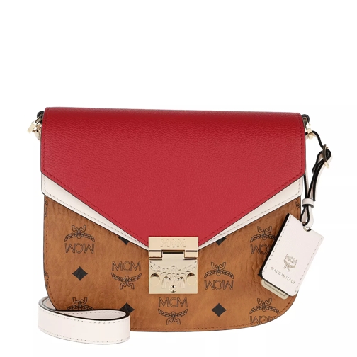MCM Patricia Visetos Leather Block Shoulder Small Cognac & Ruby Red Crossbody Bag