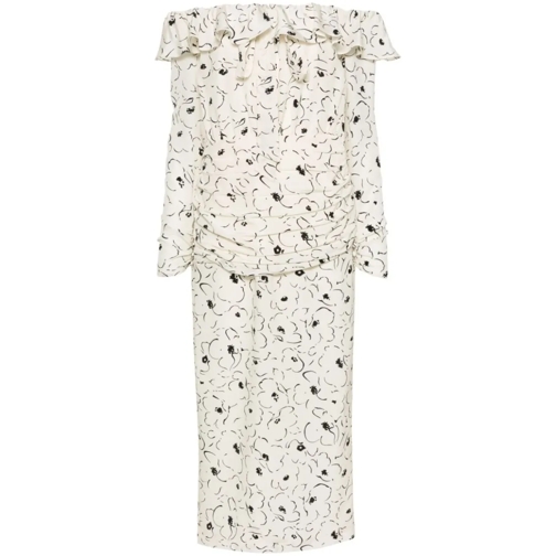 Alessandra Rich Midi-Kleider Silk Satin Floral Print Dress White