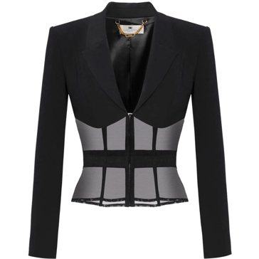 ジャケット ELISABETTA FRANCHI Crepe and tulle blazer Black GI13151E2 Elisabetta Franchi Crêpe And Tulle Blazer Black | Overgangsjas