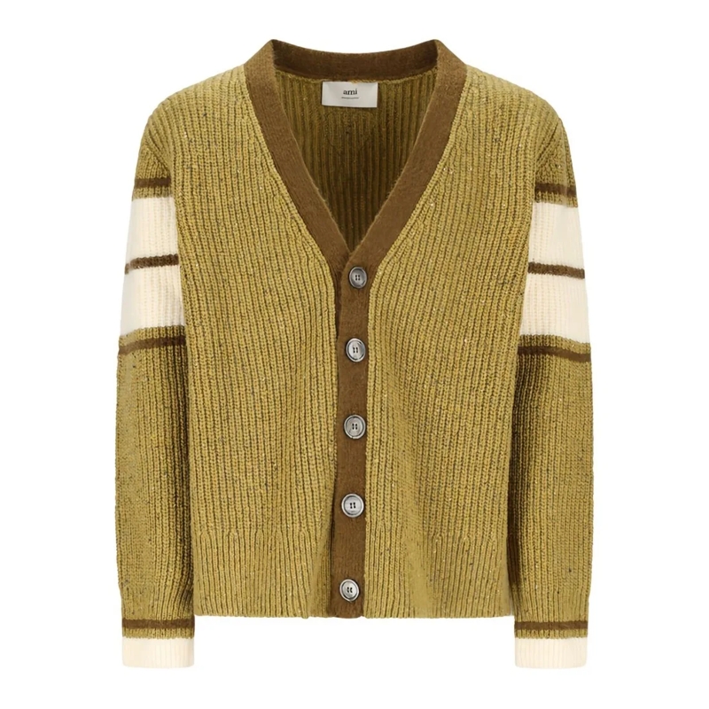 AMI Paris Vest Olive Green V-Neck Sweater Gold