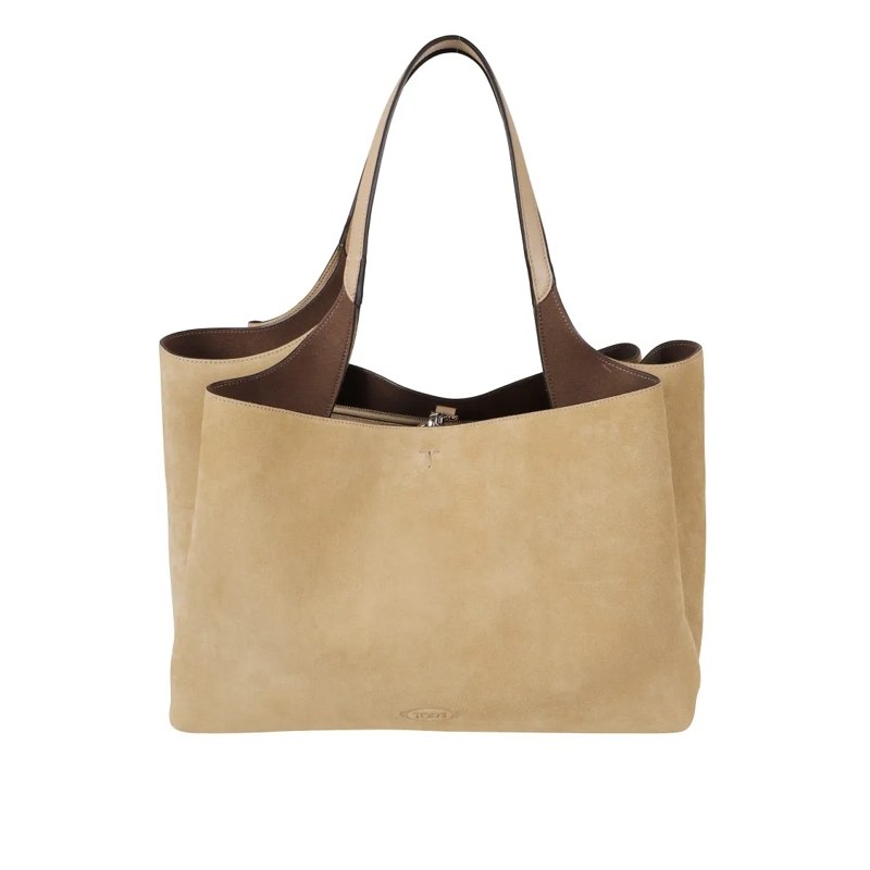 Tod's Fourre-tout Spacious Beige Suede Tote Bag With Contrasting Han Neutrals