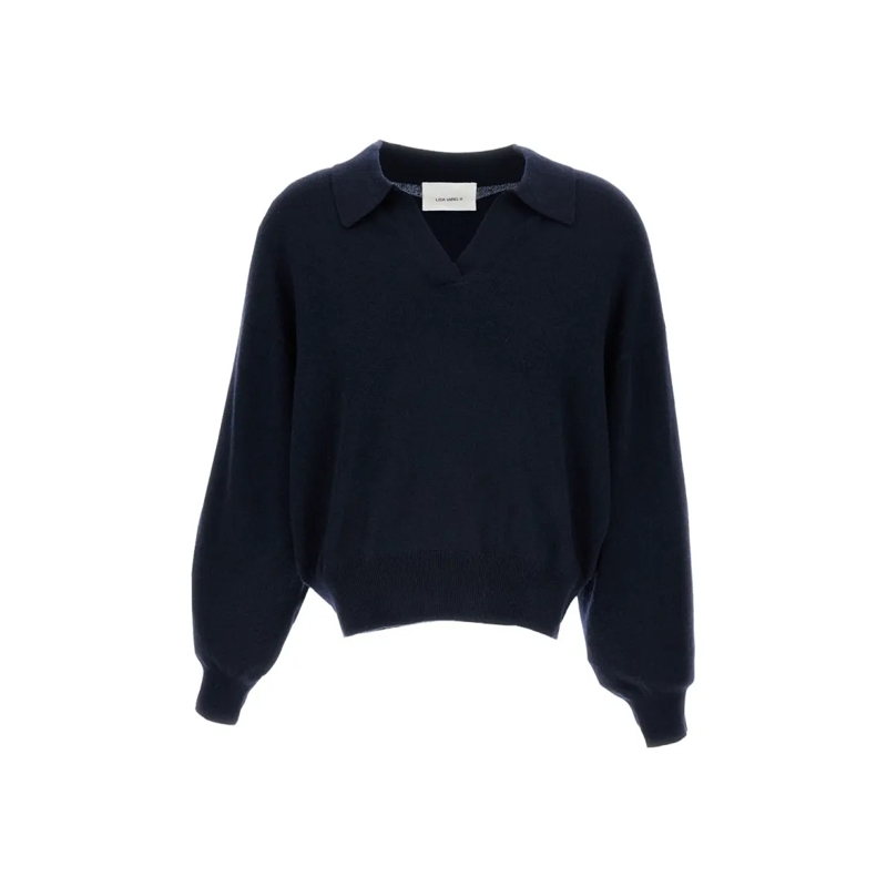 Lisa Yang Pullover Cropped Wool Sweater With Polo Neckline Blue