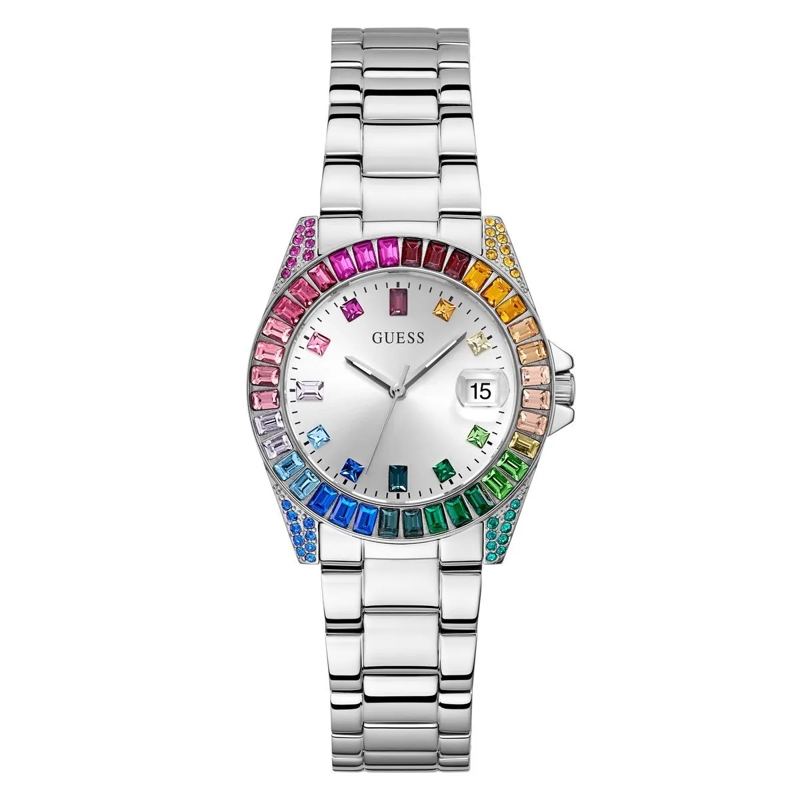 Guess Automatikuhr Quarz Analog Uhr Opaline silber