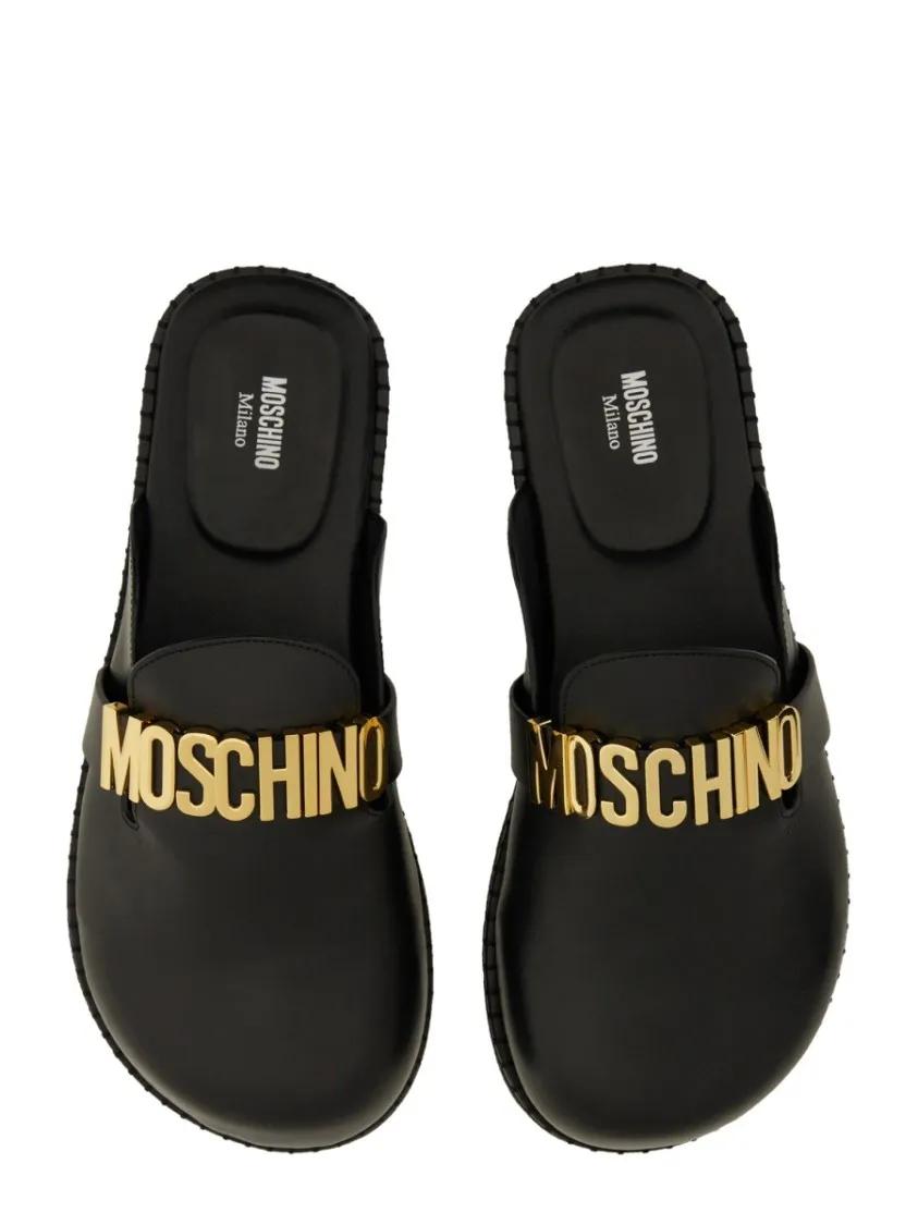 Thumbnail - Moschino Loafer - Black Leather Sandal With Bold Logo - Gr. 43 (EU) - in Schwarz - für Damen