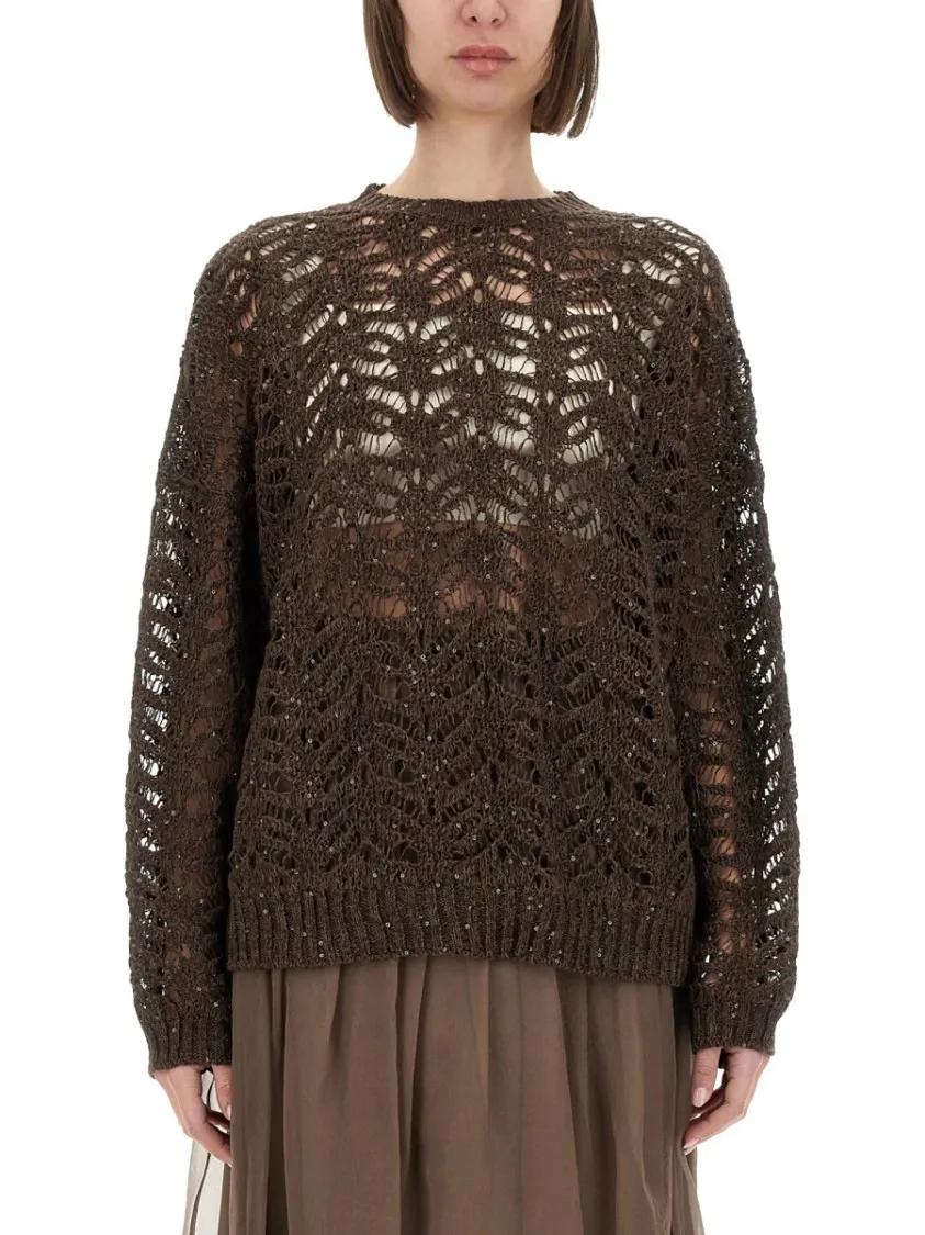 Thumbnail - Brunello Cucinelli - Foliage Lace Linen And Silk Diamond Knit - Größe L - schwarz