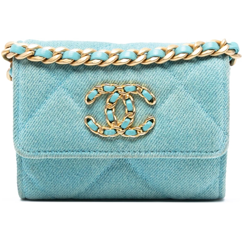 Chanel Schultertasche Quilted Denim 19 Card Holder with Chain blau