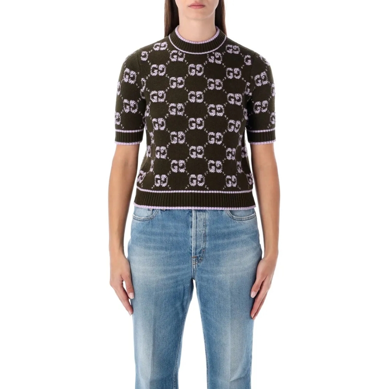 Gucci T-shirt Gg Wool Bouclé Jacquard Top Green