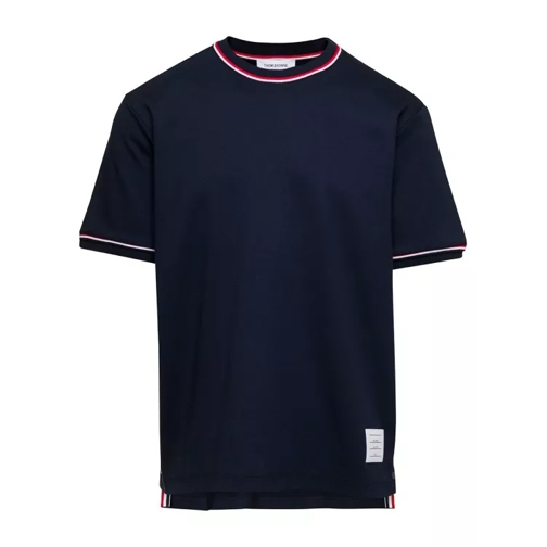 Thom Browne Blue Crewneck T-Shirt With Striped Trim In Cotton Blue 