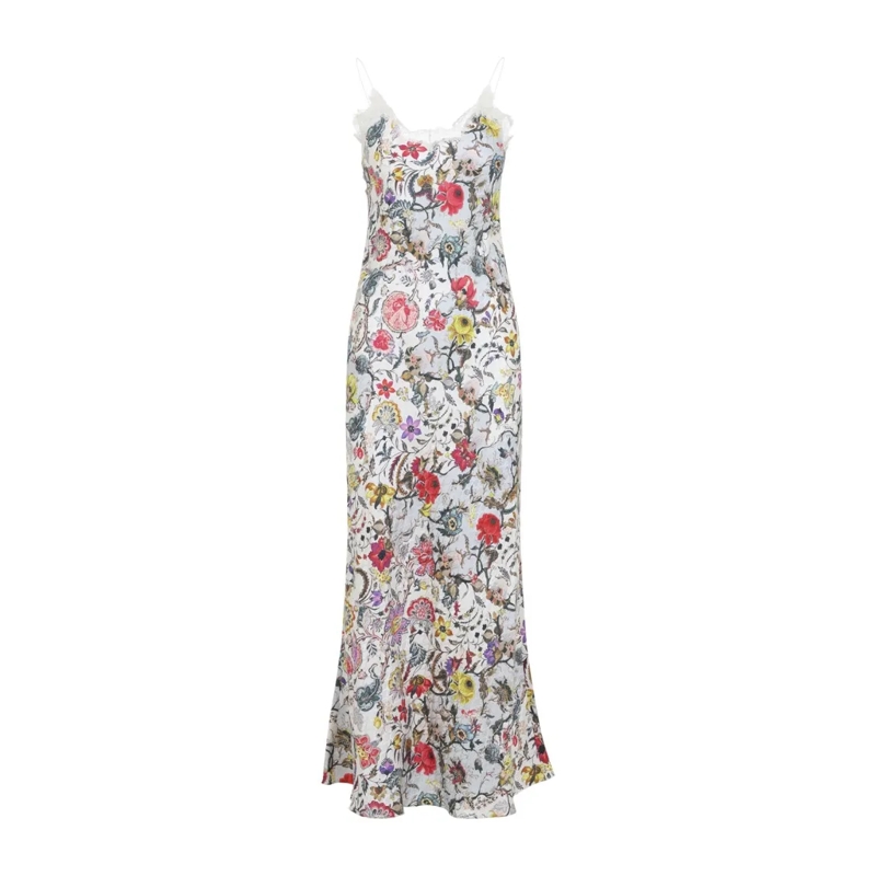 Roberto Cavalli  Silk Floral Maxi Dress With Lace Trim Multicolor