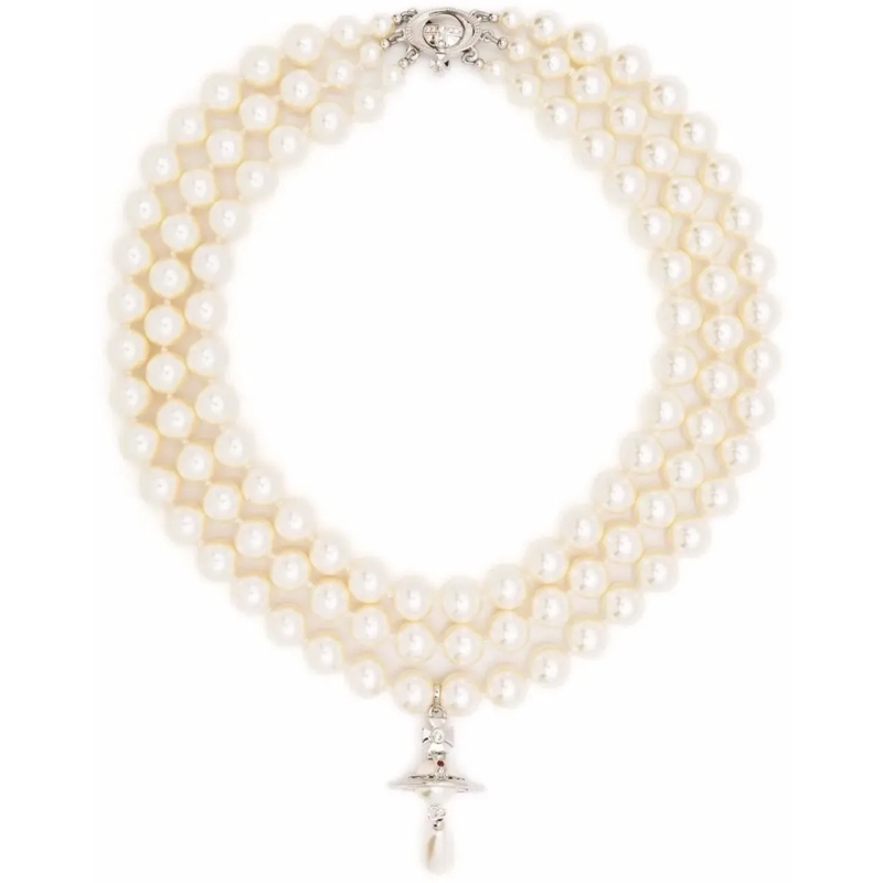 Vivienne Westwood Collier moyen Three Row Pearl Drop Choker Platinum Pearl Multi mehrfarbig