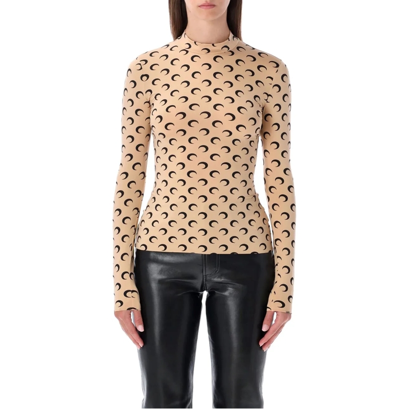 Marine Serre Haut à manches longues Moon Print High Neck Top Tan Black Moon beige
