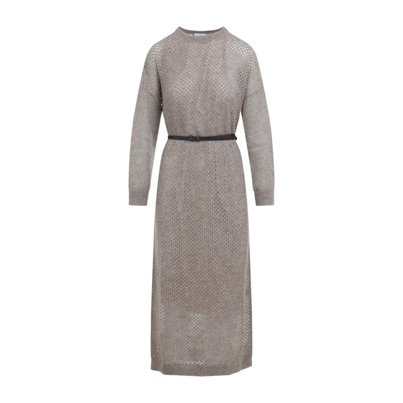 Brunello Cucinelli  Long Fitted Dress With Textured Knit Neutrals